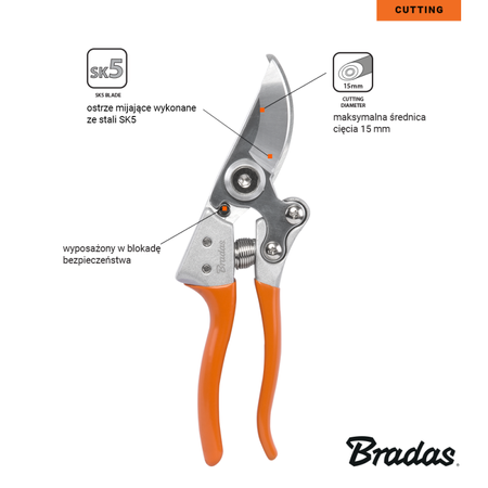 Zahradní nůžky V-SERIES-P s průchozím ostřím, ocel SK5 Bradas