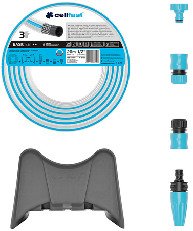 Wąż Basic 1/2" 20m z zestawem zraszającym i wieszakiem Cellfast